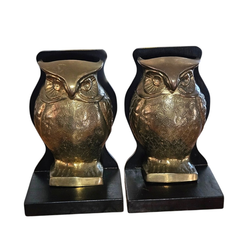 Vintage 50s Mid-Century Modern Solid Brass Owls Figurine Bookend Engraved Patina